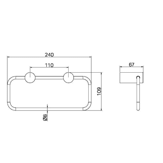 Technical drawing of Nero Zen hand towel ring in brushed nickel, showing front and side views with 240mm length and 67mm projection