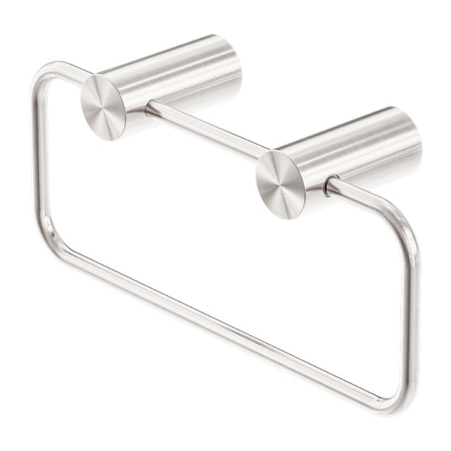 Nero Zen brushed nickel hand towel ring with dual concealed brackets, shown on white background