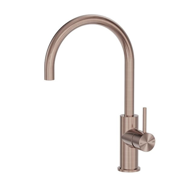 Nero Zen kitchen mixer tap in brushed bronze, with tall gooseneck spout and side lever, on white background