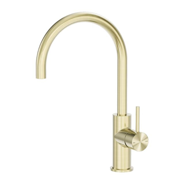 Nero Zen brushed gold kitchen mixer tap with tall gooseneck spout and side lever handle, isolated on white