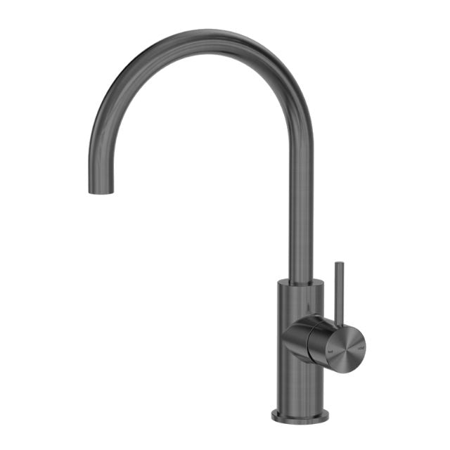 Nero Zen SS316L kitchen mixer tap in graphite, tall gooseneck sink mixer with single lever, front view