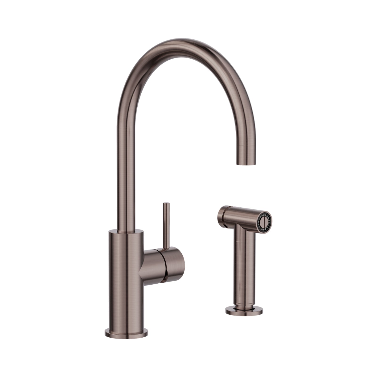 Nero Zen brushed bronze kitchen mixer tap with hand spray, curved gooseneck spout and single lever on white background