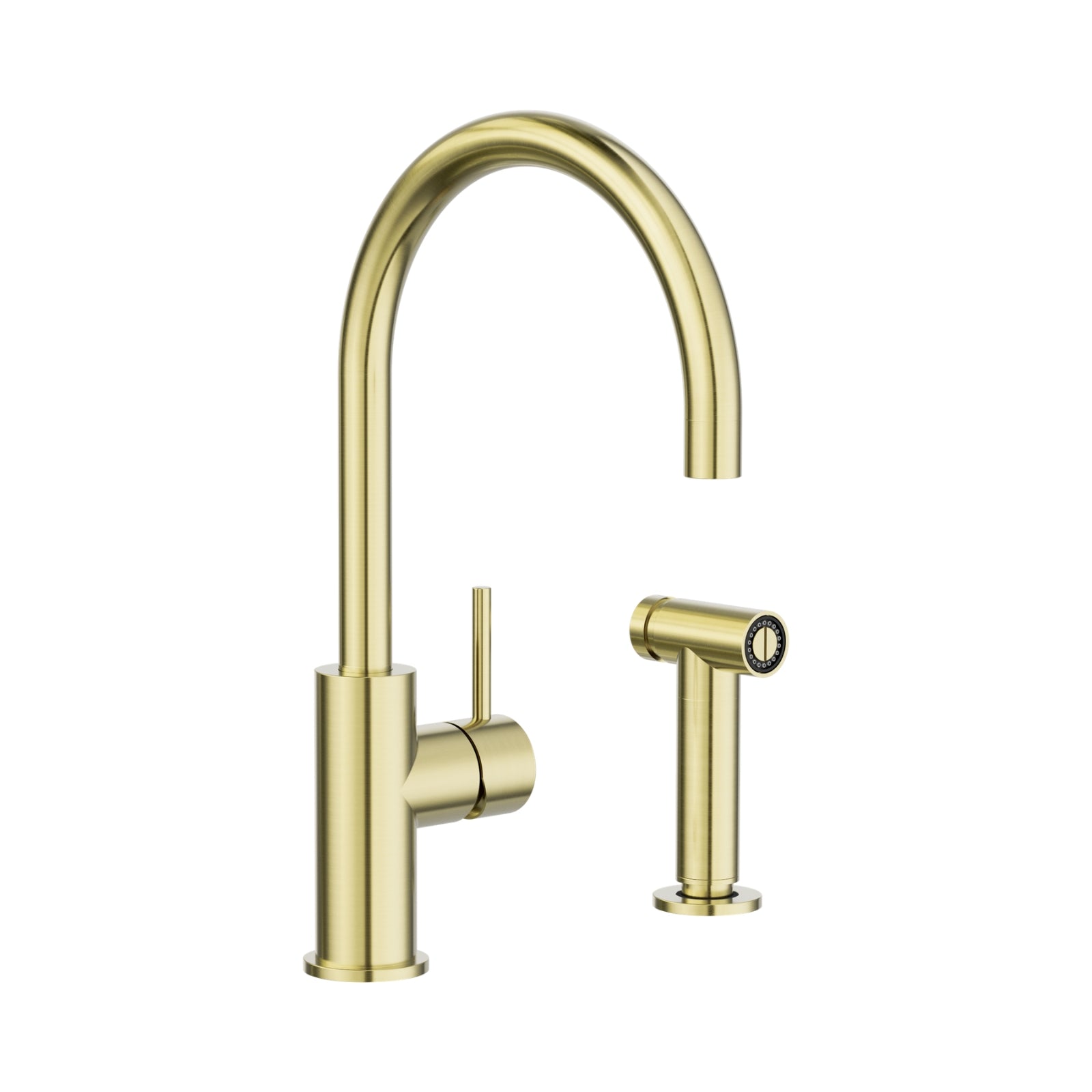 Nero Zen brushed gold kitchen mixer with pull-out hand spray, hob mounted, shown on white background
