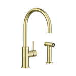 Nero Zen brushed gold kitchen mixer with pull-out hand spray, hob mounted, shown on white background