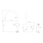 Nero Zen kitchen mixer with hand spray technical drawing, brushed gold, showing dimensions and side views