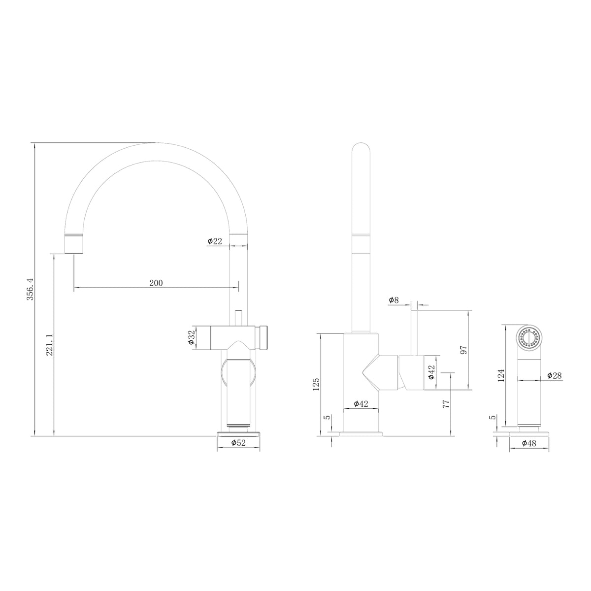 Nero Zen kitchen mixer with hand spray technical drawing, brushed gold, showing dimensions and side views