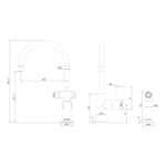 Nero Zen kitchen mixer with hand spray technical drawing in brushed nickel, showing dimensions and side spray view