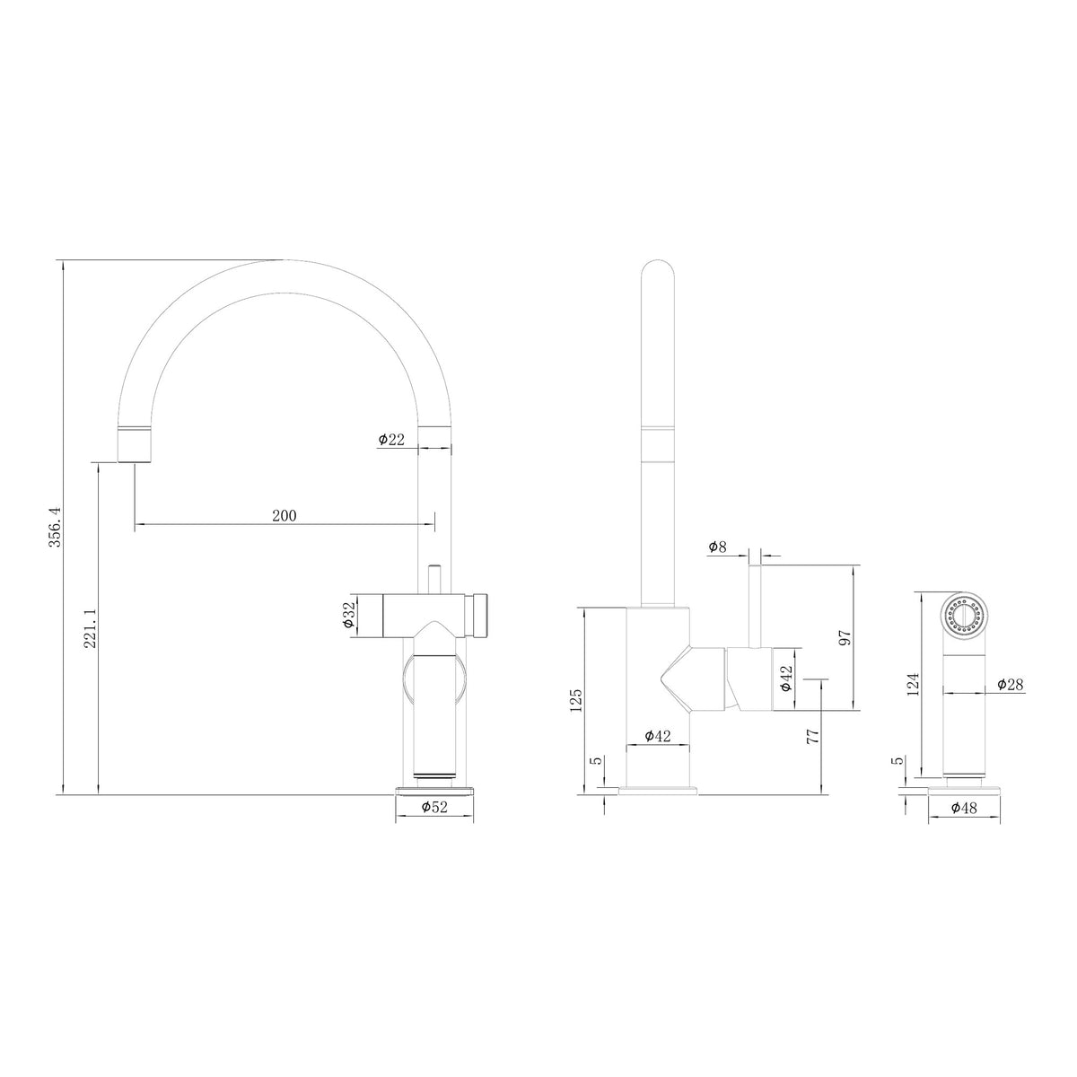 Nero Zen kitchen mixer with hand spray technical drawing in brushed nickel, showing dimensions and side spray view