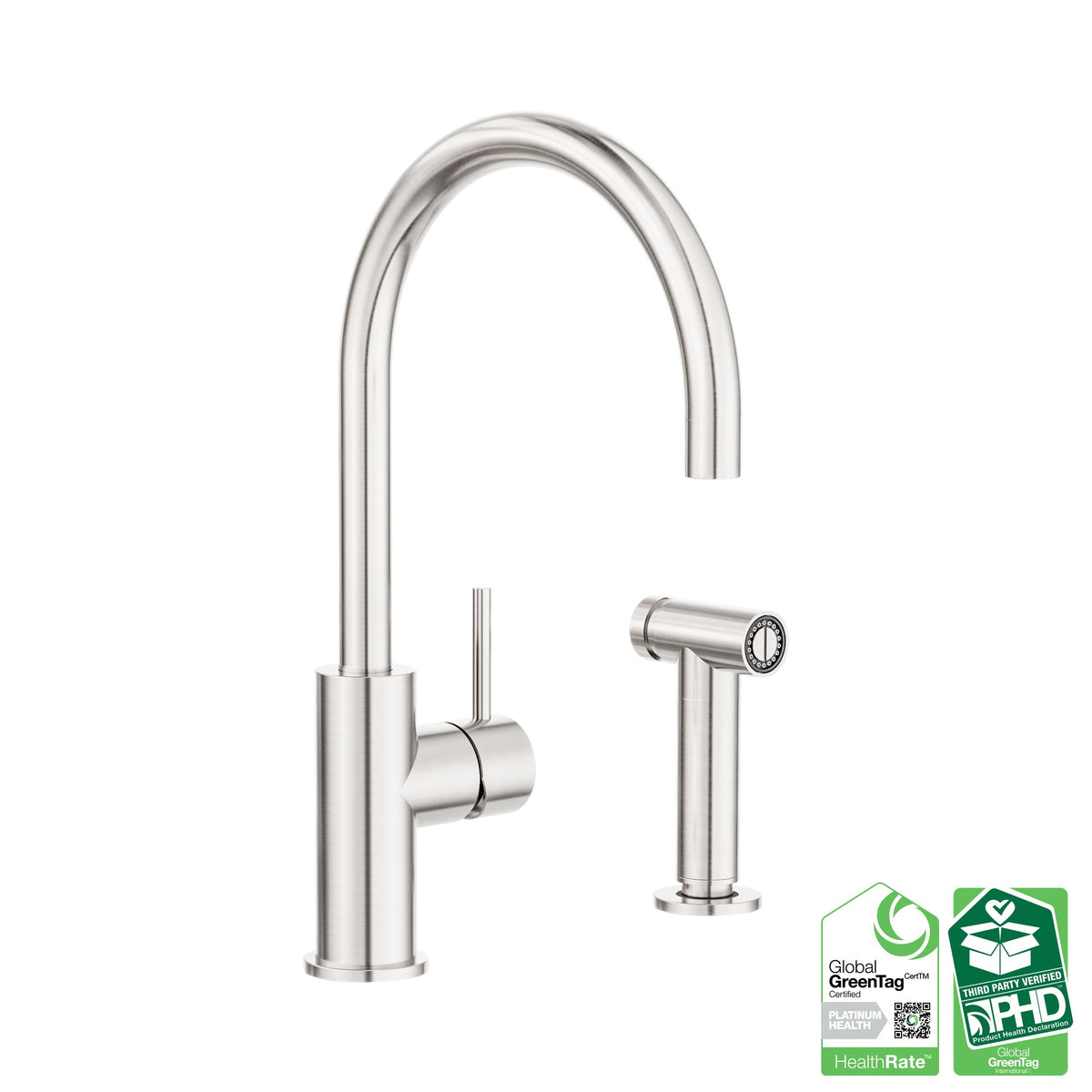 Nero Zen brushed nickel kitchen mixer with side hand spray, shown on white background