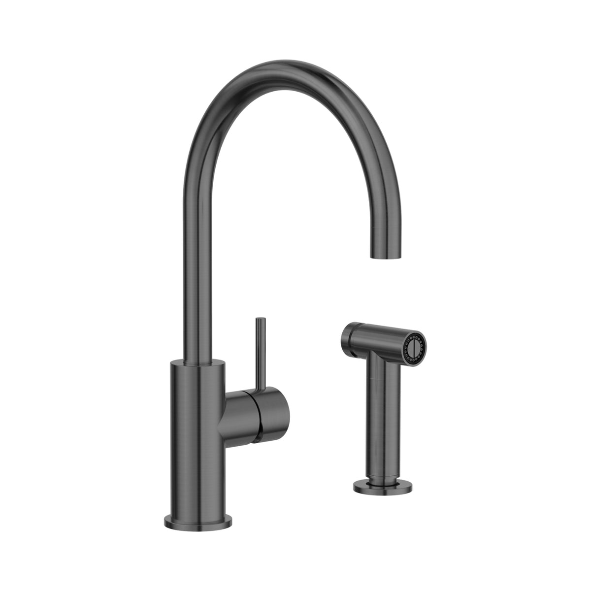 Nero Zen kitchen mixer with hand spray in graphite, showing high arched gooseneck tap and pull-out spray head on white background