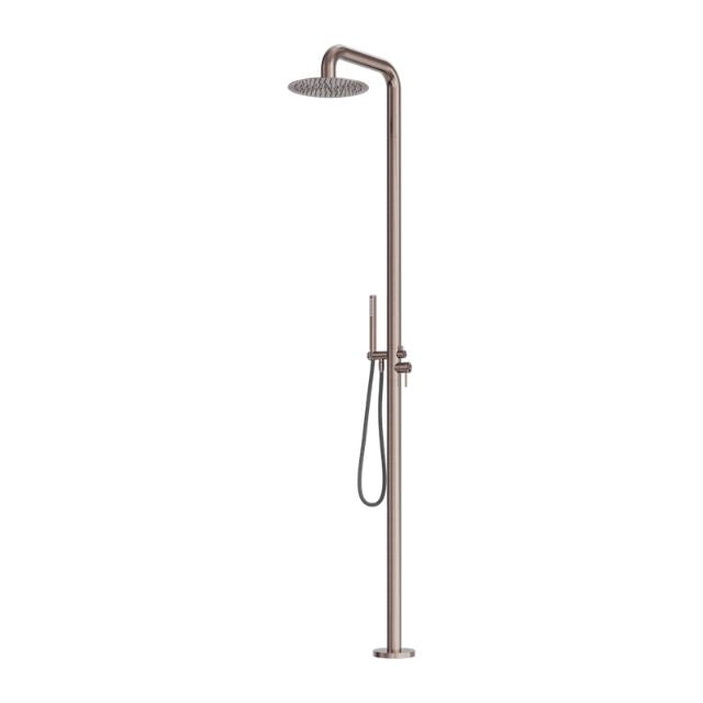 Nero Zen freestanding outdoor shower column in brushed bronze with overhead shower and hand shower