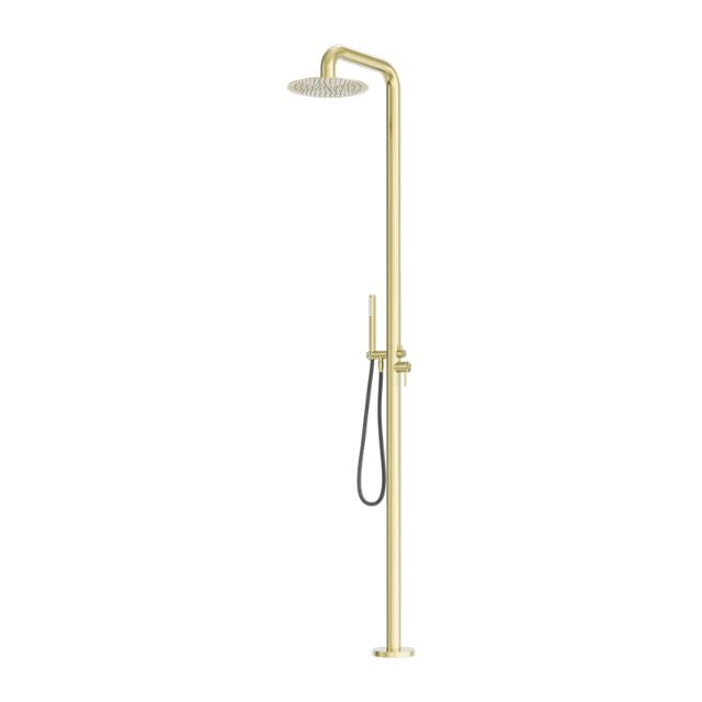 Nero Zen freestanding outdoor shower column in brushed gold, with overhead shower and hand shower on a slim round rail