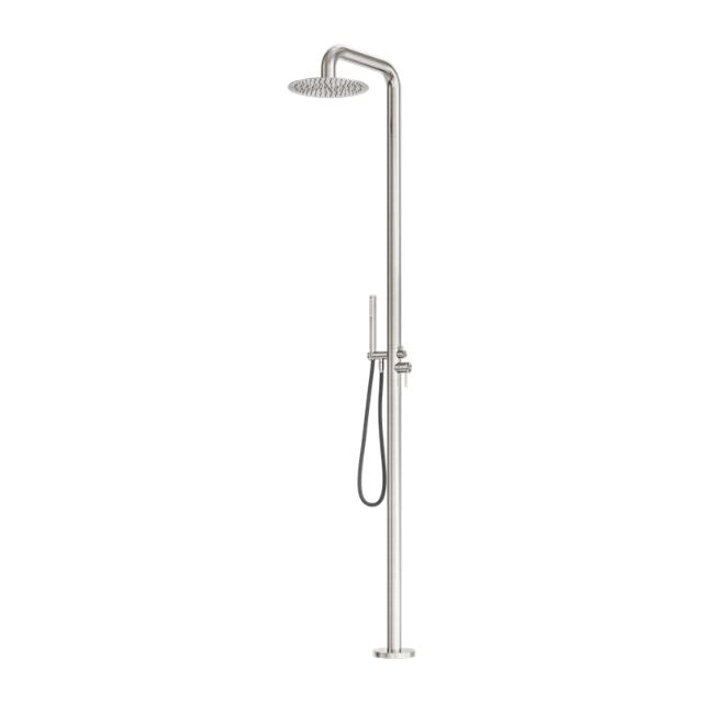 Nero Zen freestanding outdoor shower column in brushed nickel, with overhead shower and hand shower, on white background