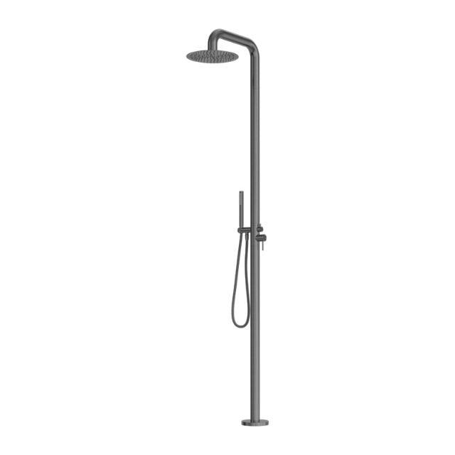 Nero Zen outdoor freestanding shower column in graphite, with overhead round showerhead and hand shower