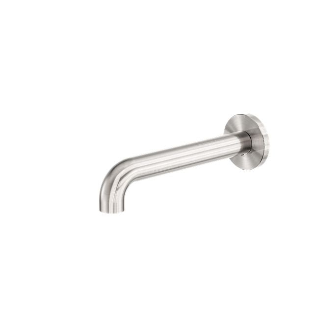 Nero Zen round basin/bath spout in brushed nickel, wall-mounted with 185mm reach, shown on white background