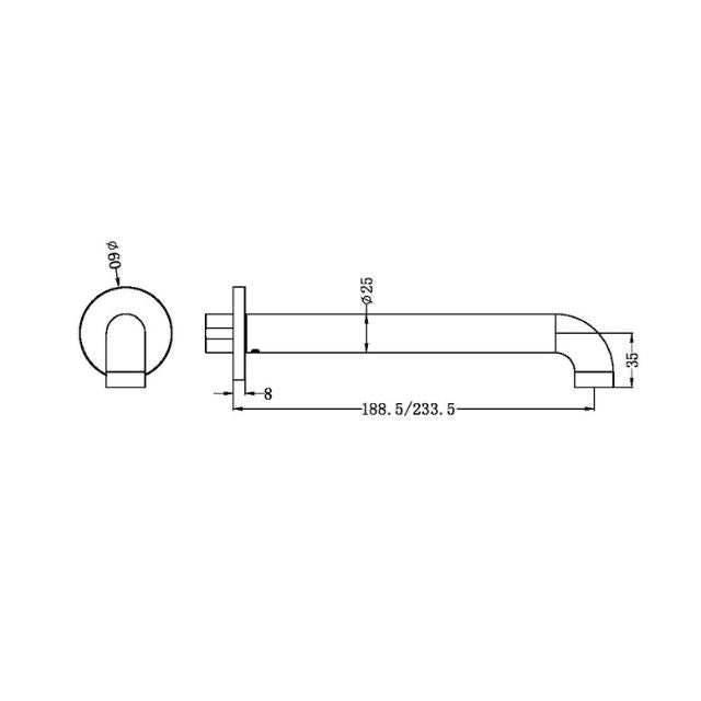 Technical drawing of Nero Zen round basin/bath spout, showing side and front views with dimensions in brushed gold finish