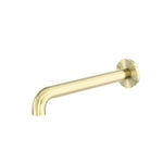 Nero Zen round basin/bath spout in brushed gold, 230mm wall-mounted with circular backplate, side view