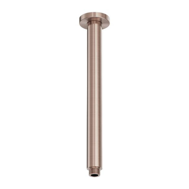 Nero Zen round ceiling shower arm, 300mm, brushed bronze finish, wall plate and threaded end on white background