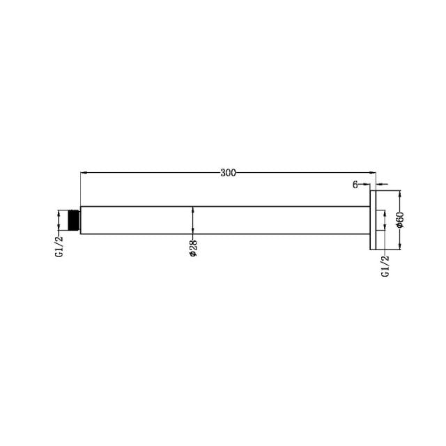 Nero Zen 300mm brushed gold ceiling shower arm technical drawing with G1/2 threads and 60mm round plate