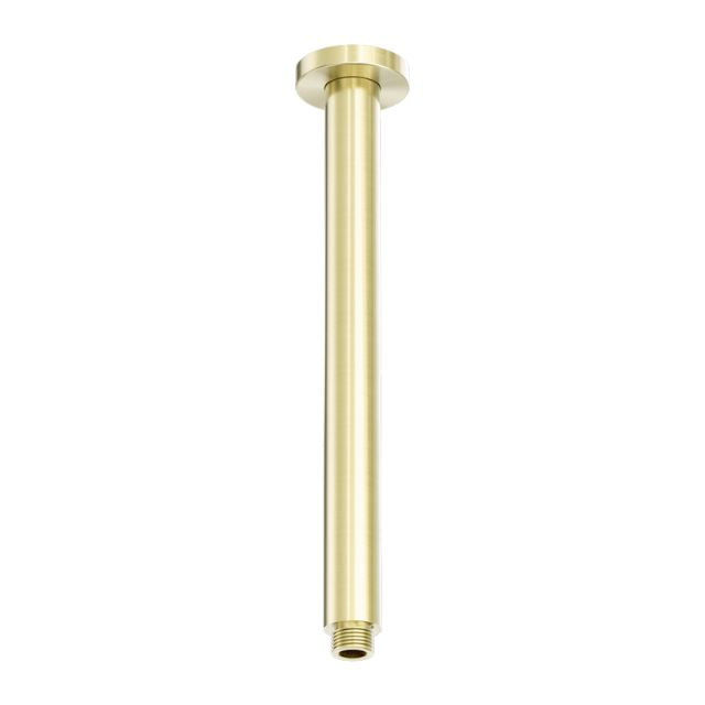 Nero Zen round ceiling shower arm 300mm in brushed gold stainless steel, shown front on against white background