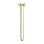 Nero Zen round ceiling shower arm 300mm in brushed gold stainless steel, shown front on against white background