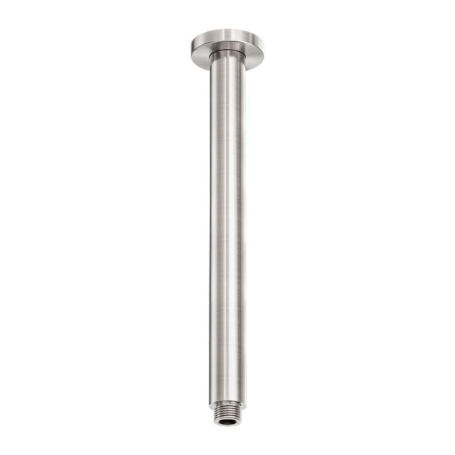 Nero Zen round ceiling shower arm, brushed nickel stainless steel, 300mm, with circular ceiling plate on white background