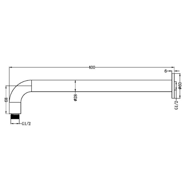 Nero Zen round shower arm technical drawing, 400mm long, brushed nickel, with wall plate and G1/2 fittings