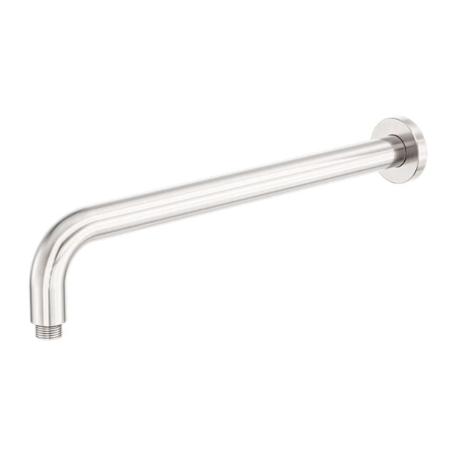 Nero Zen round shower arm in brushed nickel, 400mm wall-mounted stainless steel with L-shaped bend and round rose