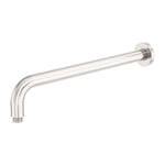 Nero Zen round shower arm in brushed nickel, 400mm wall-mounted stainless steel with L-shaped bend and round rose