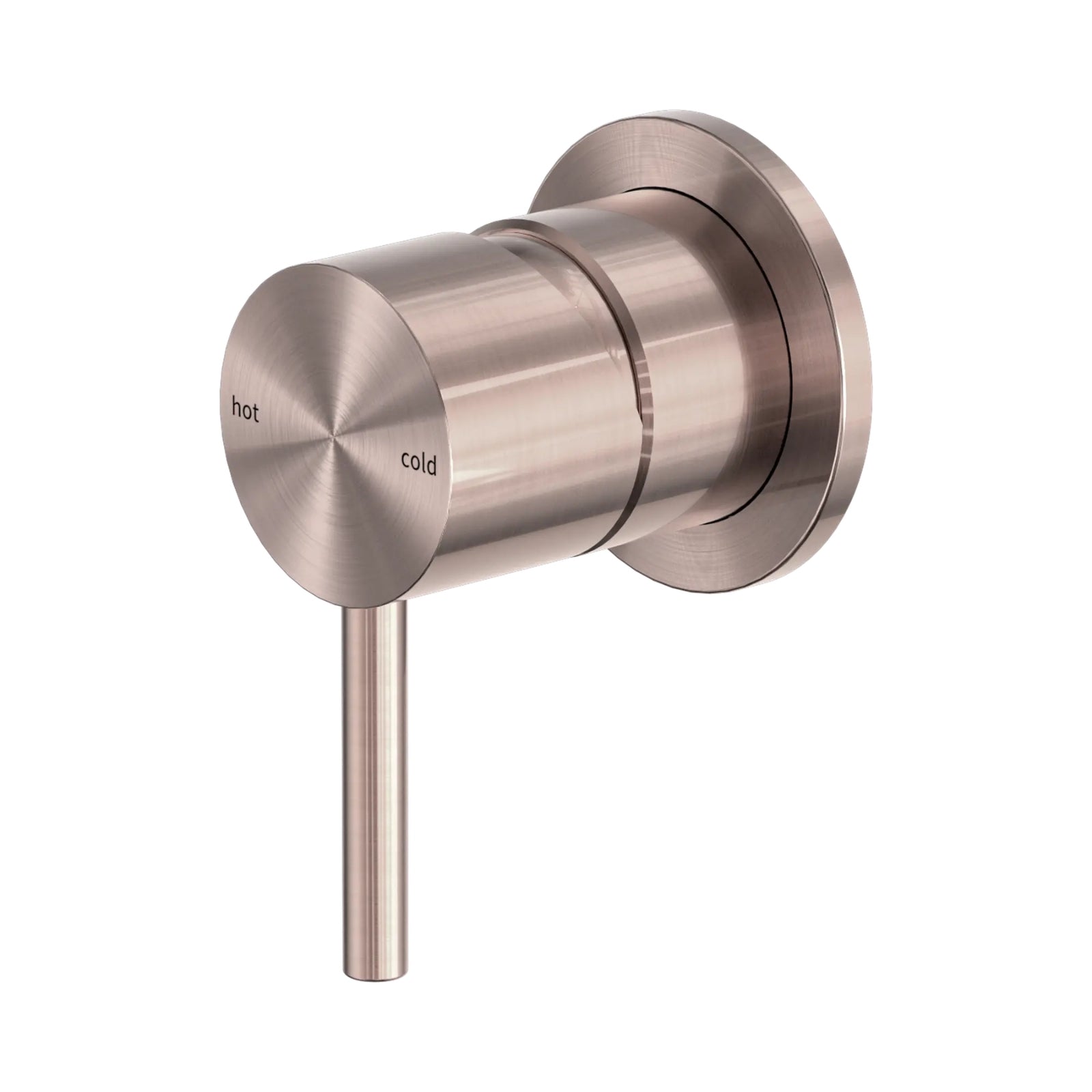 Nero Zen wall-mounted shower mixer in brushed bronze, round handle and plate with hot and cold markings