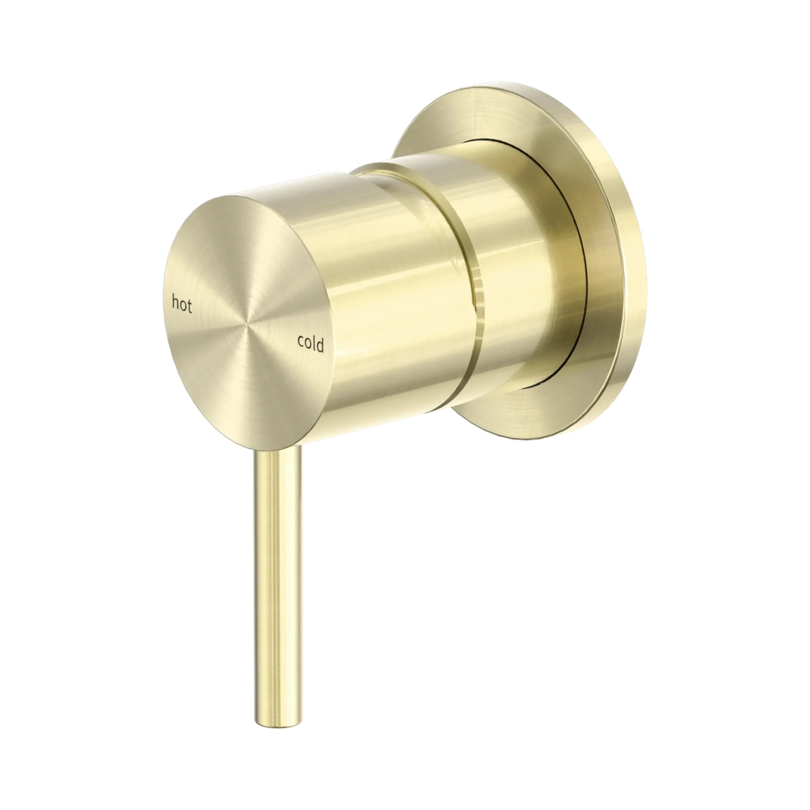 Nero Zen shower mixer in brushed gold, wall-mounted round tap with hot/cold handle on white background