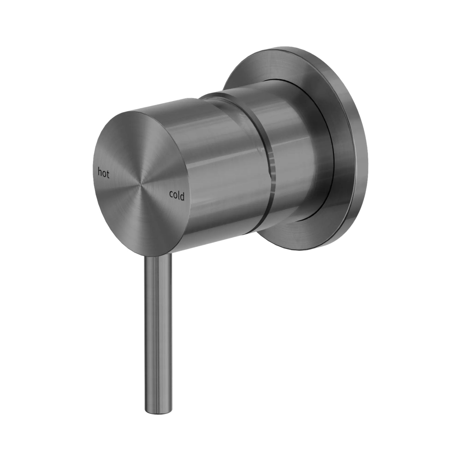 Nero Zen wall-mounted shower mixer in graphite, with round stainless steel trim and lever handle, angled view