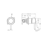 Nero Zen wall-mounted shower mixer technical drawing in graphite, showing dimensions and side/front views