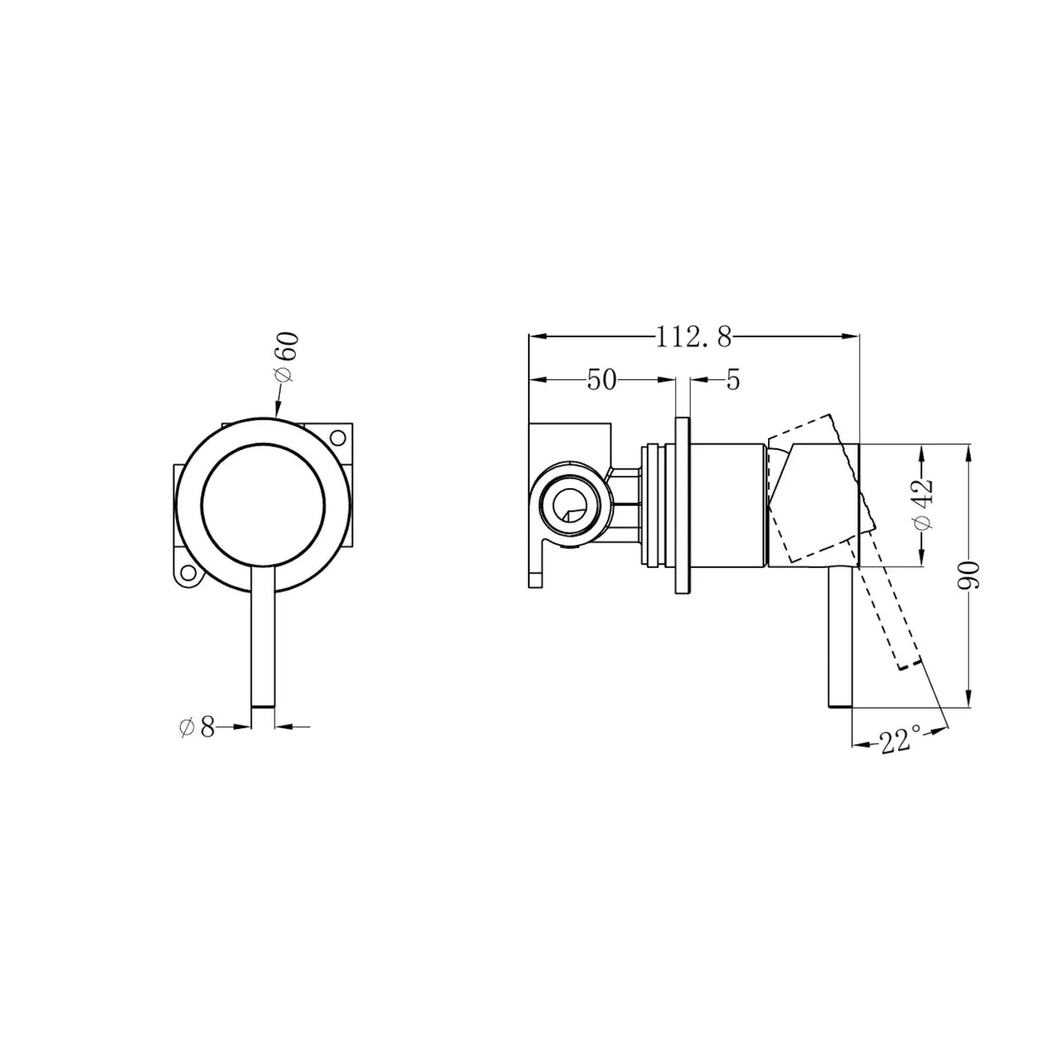 Nero Zen wall-mounted shower mixer technical drawing in graphite, showing dimensions and side/front views
