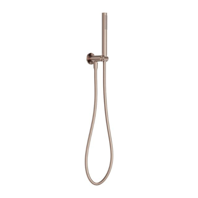 Nero Zen wall-mounted hand shower on bracket in brushed bronze with hose, shown on a white background