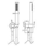 Technical drawing of Nero Zen SS316L hand shower on bracket, with dimensions in brushed gold finish, front and side views