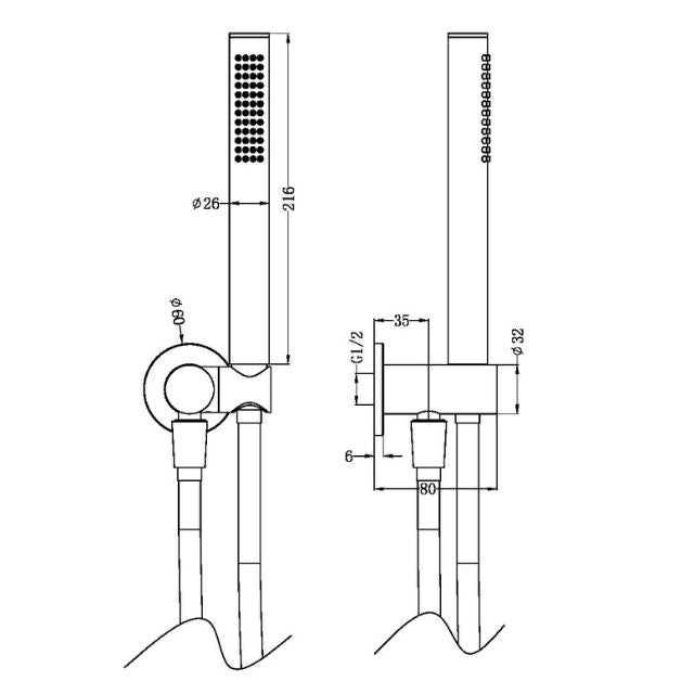 Technical drawing of Nero Zen SS316L hand shower on bracket, brushed nickel, with dimensions and hose connection details