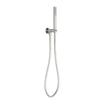 Nero Zen wall-mounted hand shower on bracket in brushed nickel with flexible hose, shown front on white background