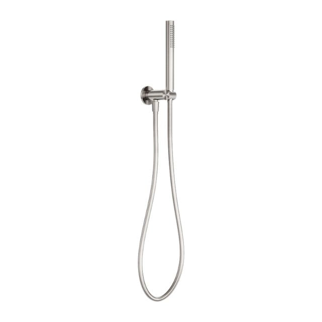 Nero Zen wall-mounted hand shower on bracket in brushed nickel with flexible hose, shown front on white background