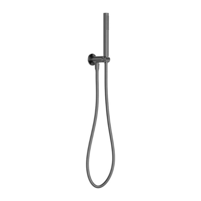 Nero Zen wall-mounted hand shower on bracket in graphite, with slim hose and round holder against a white background