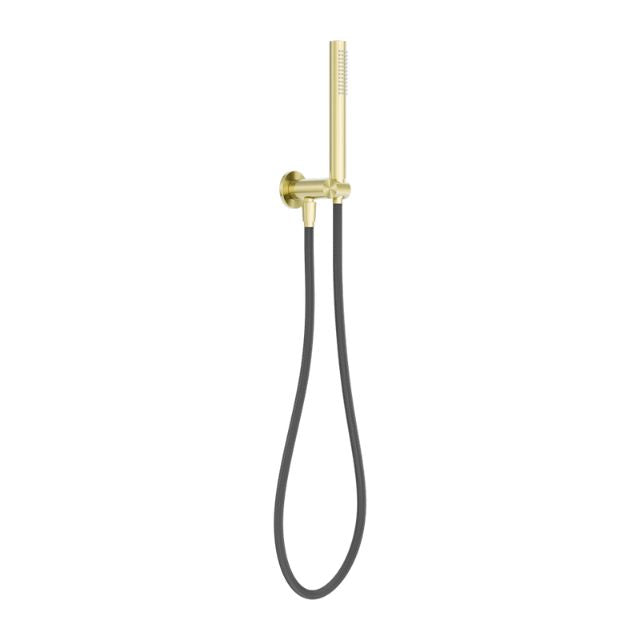Nero Zen wall-mounted hand shower on bracket with hose in brushed gold, shown front on a white background