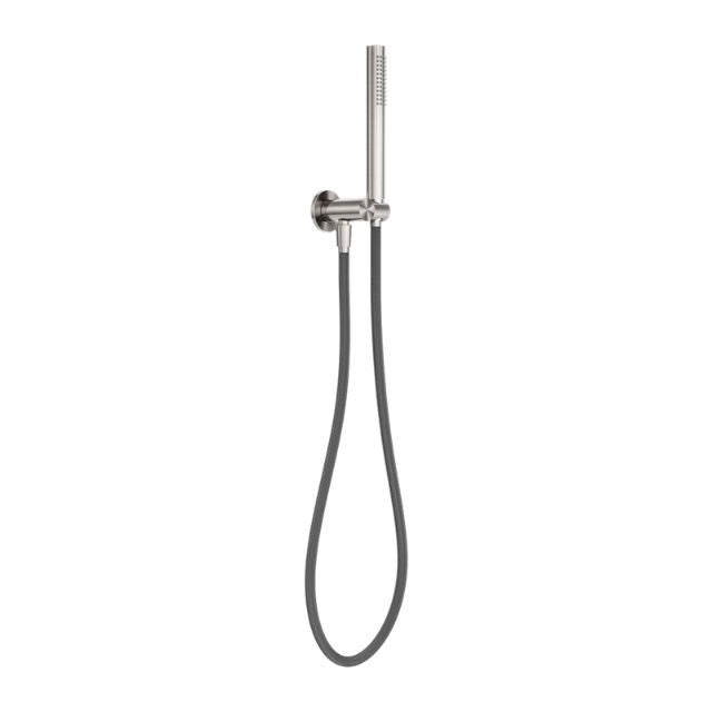 Nero Zen brushed nickel hand shower on wall bracket with 1.5m hose, slim stainless steel finish, front view