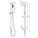 Nero Zen SS316L shower rail technical drawing in brushed gold, showing wall-mounted rail, handset and hose dimensions