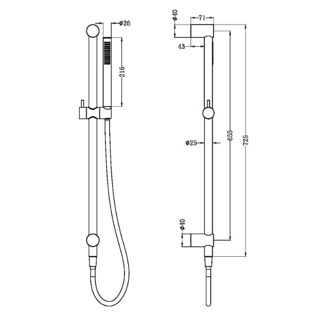 Technical drawing of Nero Zen SS316L brushed nickel shower rail with hand shower and hose, showing dimensions and wall-mounted layout