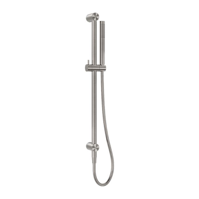 Nero Zen SS316L shower rail with hand shower, brushed nickel finish, wall-mounted rail set on white background