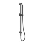 Nero Zen shower rail in graphite, wall-mounted with handset and hose, shown on a white background