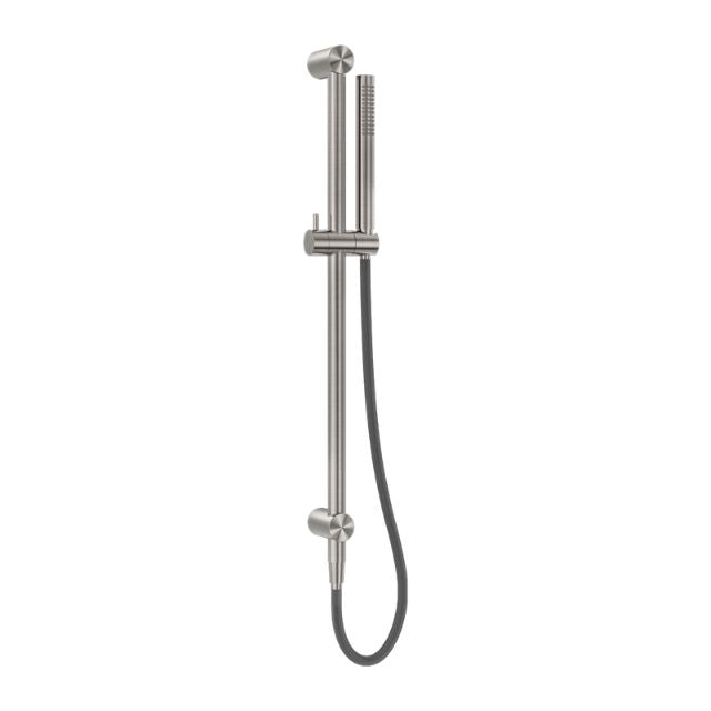 Nero Zen SS316L brushed nickel shower rail with outdoor hose, wall-mounted stainless steel rail shower.