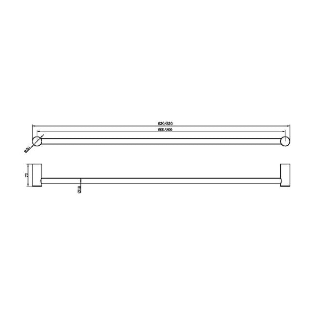 Technical drawing of Nero Zen single towel rail 600mm, showing graphite bar and concealed brackets with dimensions