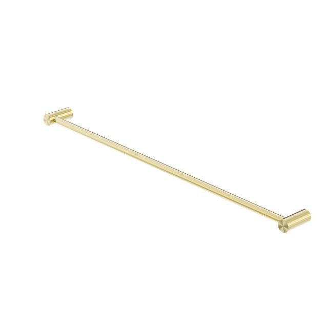 Nero Zen brushed gold single towel rail, 800mm, with cylindrical wall mounts on a white background