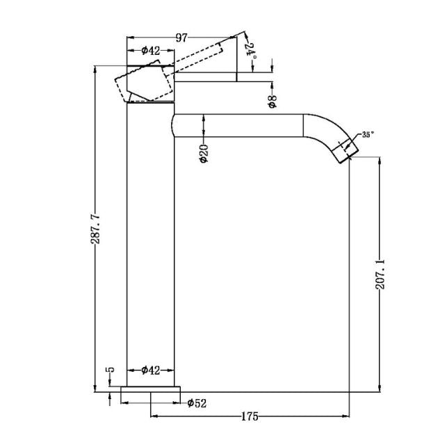 Nero Zen tall basin mixer technical drawing, brushed bronze, with dimensions and side profile